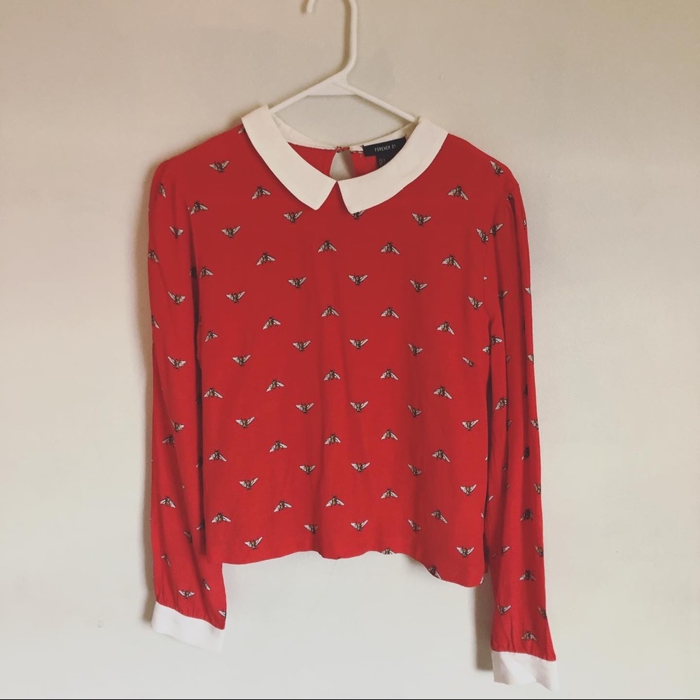 forever 21 red long sleeve blouse with bee print🐝